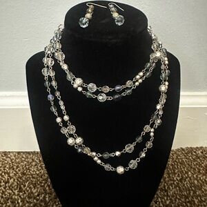 Elegant Silver and Blue Beaded Necklace and Earring Set